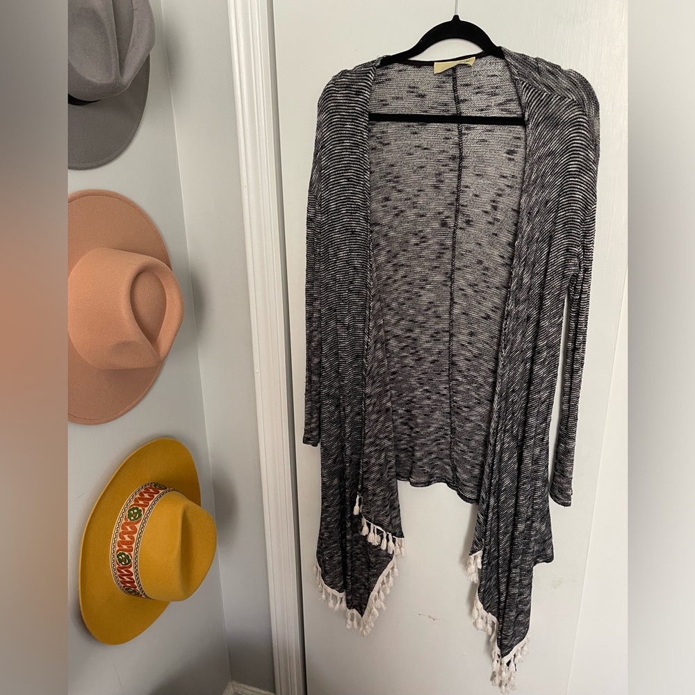 Lizard Thicket | Jay | Knit Boho Cardigan Tassels Sheer Grey